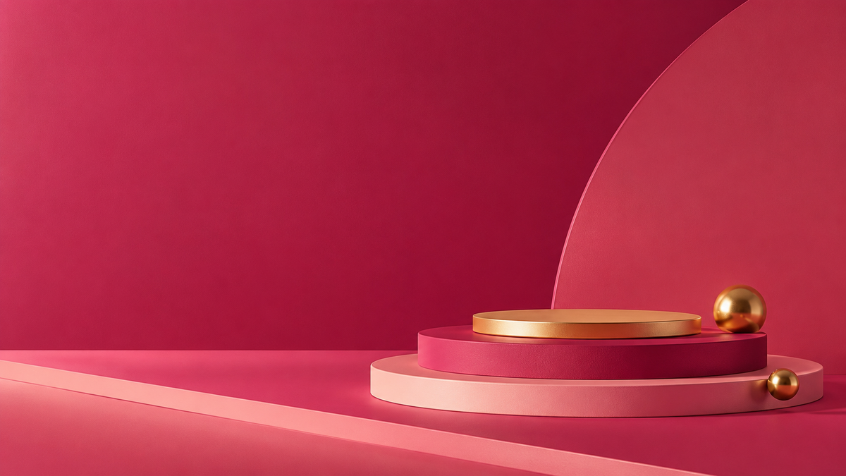 Original S.Suite category artwork: sculptural magenta and gold platforms